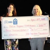 Lucia Carballo, left, with the HBA Charitable Foundation, and Xan Black of the Tulsa Regional Stem Alliance, display a donated check of $3,000 during the recent “Appetite for Construction” charitable. The event raised $87,000 for non-profits in the community.